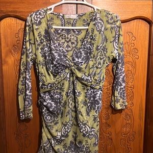 Long, sheer green with grey flowers top